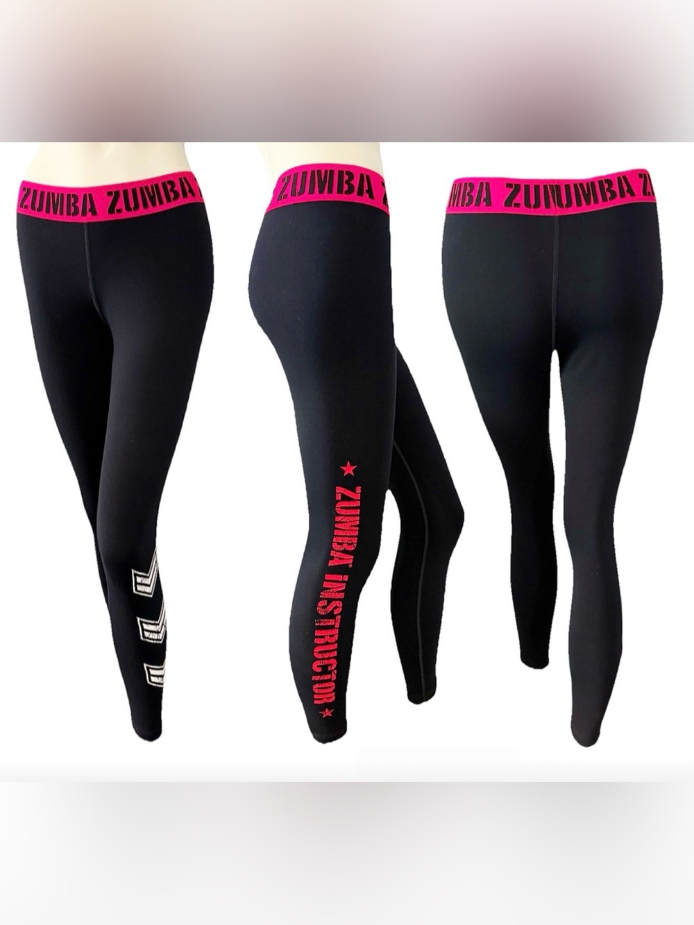Zumba Wear Black Leggings Pink Waistband Logo Athletic Pants M